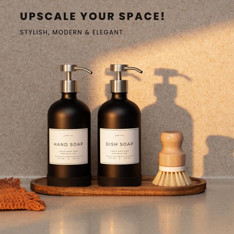 Verute Hand and Dish Soap Dispenser for Kitchen and Bathroom, Set of 2 16 Oz Glass Bottles, Stainless Steel Pumps, Non-Slip Silicone Base, 27 Waterproof Labels (Matte Black Bottle/Brushed Silver Pump) - Image 3